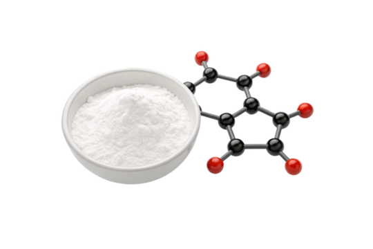 White powder in dish with molecular structure model showing five red oxygen atoms bonded to black carbon atoms, isolated on a transparent background