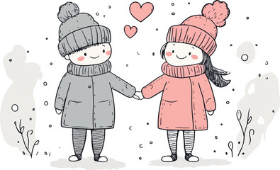 Adorable hand drawn cartoon couple in winter hats and coats holding hands with hearts