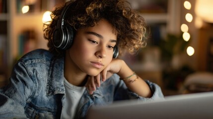 Fototapeta premium online learning at home, student using laptop with headphones, focused expression, cozy desk setup