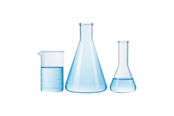 Laboratory glassware with blue liquid, chemistry flasks filled, scientific experiment equipment, research tools, isolated on a transparent background