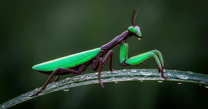 Vibrant green praying mantis perched on a dew-covered blade of grass