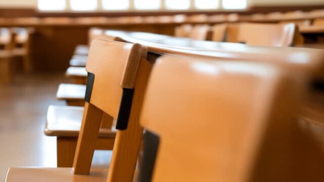 Rows of wooden chairs and desks in warm sunlight