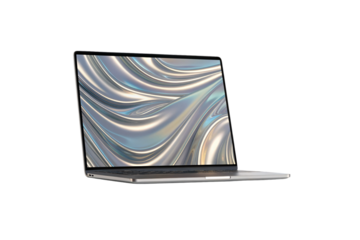 Modern silver laptop computer open displaying abstract metallic wave pattern screen technology, isolated on a transparent background