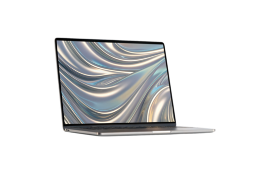 Modern silver laptop computer open displaying abstract metallic wave pattern screen technology, isolated on a transparent background