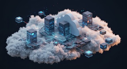 Dynamic futuristic cloud computing infrastructure with glowing data servers and network connections, representing digital transformation and advanced technology solutions for modern business growth.