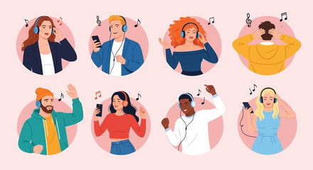 Fototapeta premium Music listening. Smiling men and women listening to music on smartphone, dancing, singing song, relaxing and having fun set. Music lovers wearing headphones and enjoying modern audio sound collection