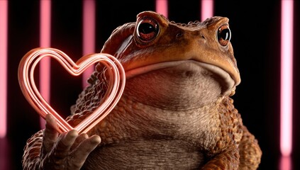 A toad with detailed skin, holding a glowing heart against a blurred pink background