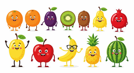 Fototapeta premium Cartoon funny fruits characters and fruits face isolated on white background vector illustration. Funny fruit face and cartoon fruit characters icon vector set. Cartoon characters. Cartoon face food.