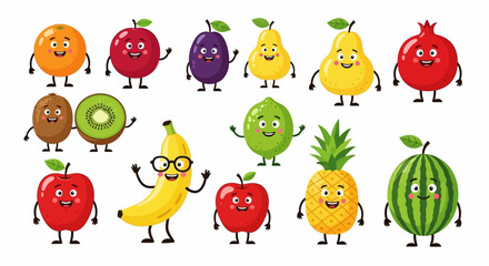 Cartoon funny fruits characters and fruits face isolated on white background vector illustration. Funny fruit face and cartoon fruit characters icon vector set. Cartoon characters. Cartoon face food.