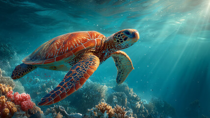 Fototapeta premium Tortue verte au-dessus d’un récif corallien, rayons de soleil