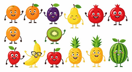 Cartoon funny fruits characters and fruits face isolated on white background vector illustration. Funny fruit face and cartoon fruit characters icon vector set. Cartoon characters. Cartoon face food.