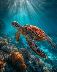 Fototapeta premium Tortue verte au-dessus d’un récif corallien, rayons de soleil