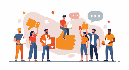 Customer review. Different people giving online review rating and positive or negative feedback Customer character holding thumbs-up and thumbs-down sign set. Survey and support vector illustration