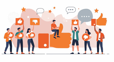 Customer review. Different people giving online review rating and positive or negative feedback Customer character holding thumbs-up and thumbs-down sign set. Survey and support vector illustration