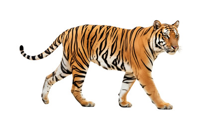 Obraz premium Majestic Bengal Tiger Walking Isolated on White Background - Full Body Studio Shot of Powerful Wild Big Cat, Symbolizing Strength and Wilderness