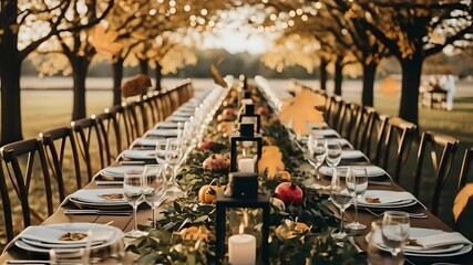 Fall outdoor dining setup on long table, autumn leaves falling, festive decor with pumpkins and lanterns.  Perfect for Thanksgiving, fall events, harvest festivals, and elegant celebrations.