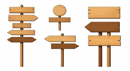 Wooden way direction sign. Vintage board on pole from brown hardwood layout for information or advertising message. Textured wooden sign board and direction arrows cartoon vector illustration © Avra