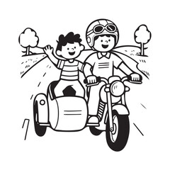 A cartoon-style illustration of two boys riding together on a motorcycle with a sidecar Line Art.