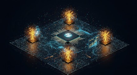 Dynamic digital network with glowing neural tree, central processor, and financial data display symbolizing advanced technology and future growth opportunities