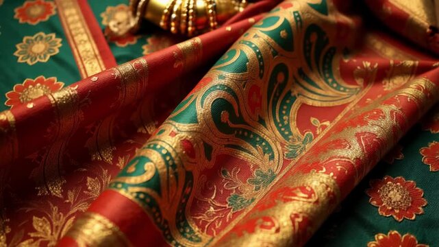 Intricate close-up of Durga idol's saree, vibrant colors and detailed painting, 4k video footage capturing the beauty of Indian culture.