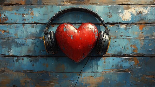 Red heart with headphones on blue wooden planks music concept
