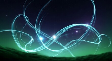 Abstract swirling light trails in neon blue and green against a dark starry sky glowing