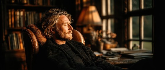 Obraz premium Thoughtful man relaxing in cozy armchair, warm sunlight illuminating peaceful indoor atmosphere