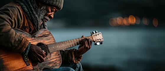 Passionate musician playing guitar by the water at sunset, capturing emotions in a serene landscape setting