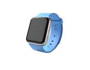 A smart wristwatch with a light blue band, isolated on a dark background
