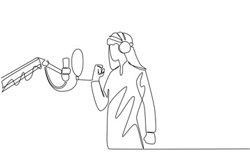 Continuous one line drawing Arab man standing in front of a mic using headphones is singing. Audition to enter the recording studio. National Sing Out Day. Single line draw design vector illustration