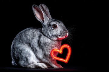 A gray rabbit, lit with a red heart-shaped light, poses against a stark black background