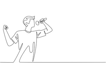 Single continuous line drawing a young man in casual clothes is singing. Practice seriously to join the talent search event. Hobby singing. National Sing Out Day. One line design vector illustration