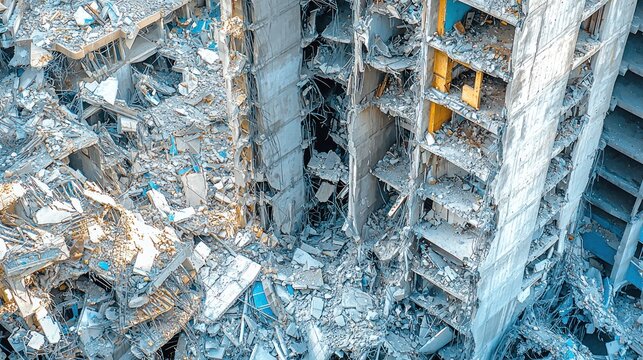 Close-up aerial view of a heavily damaged high-rise building with exposed floors and scattered rubble - Powered by Adobe