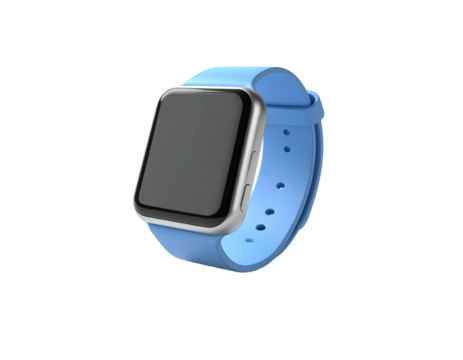 A smart wristwatch with a light blue band, isolated on a dark background
