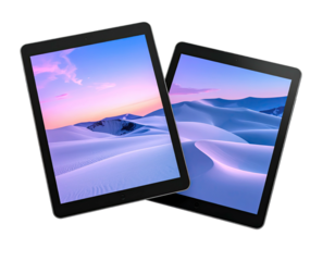 Two digital tablet devices showcasing a desert landscape under a colorful sunset