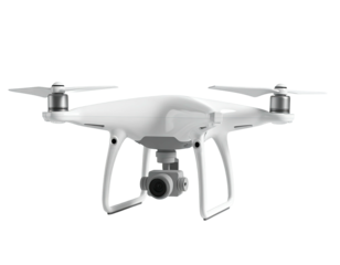 White aerial drone with camera and four propellers, isolated on black