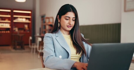 Phone, laptop and woman in cafe for freelance feedback, typing email or news report. Mobile, remote work and happy journalist on computer for article, research story or fact check info in coffee shop
