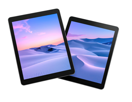 Two digital tablet devices showcasing a desert landscape under a colorful sunset