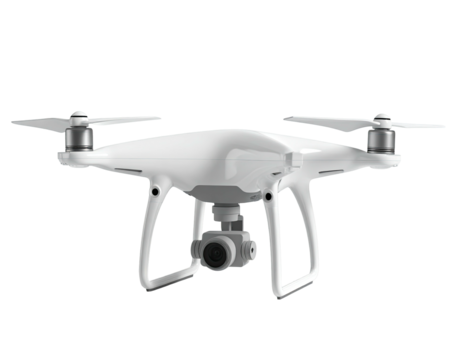 White aerial drone with camera and four propellers, isolated on black