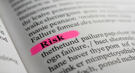 Close-up of a dictionary page, the word 'Risk' prominently highlighted in pink marker