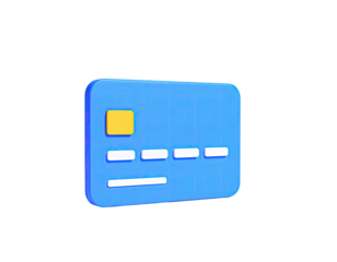 Cartoonish, 3D blue plastic card with yellow square, white lines, on black