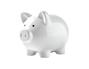Shiny white ceramic piggy bank, side view, isolated against a black background