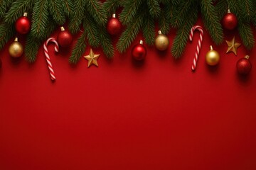 Christmas Decorations Border on Red Background.