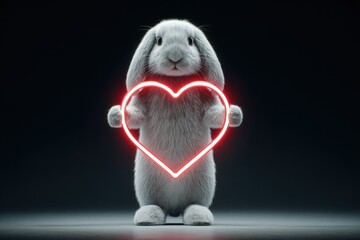 Adorable gray bunny standing, embracing glowing red heart. Dark background, soft light