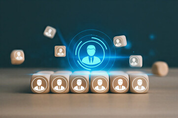 Human Resources concept building wooden blocks with people icon, HR, recruitment, management