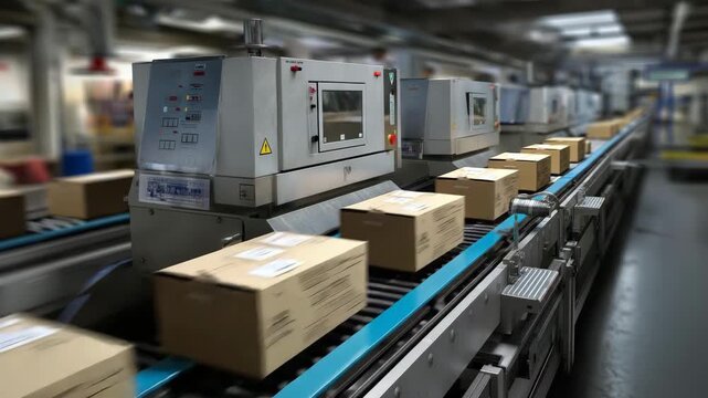 Inside a modern facility, an automated conveyor system efficiently moves packages, highlighting advanced technology and the significance of logistics in today's fast-paced world.