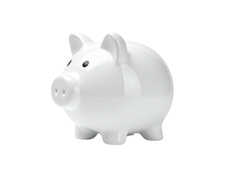 A white, glossy ceramic pig bank, slightly angled against a black background