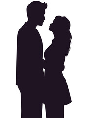 Silhouette illustration of a man and woman in an embrace. Romantic couple showing affection and love. Relationship concept for greeting card.
