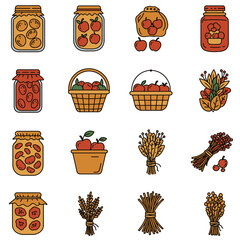 A vibrant collection of autumn harvest icons featuring jars of homemade preserves, fresh apples in baskets, and bundles of wheat, perfect for seasonal designs.