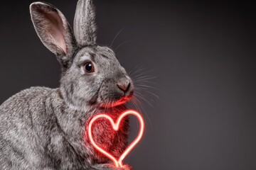 A fluffy grey rabbit with a red neon heart glowing near its chest against a dark backdrop